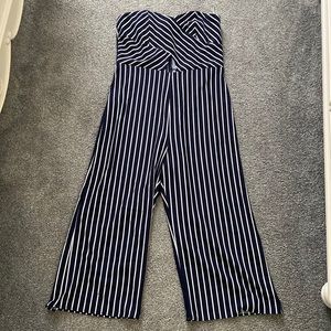 Blue and white strapless jumpsuit